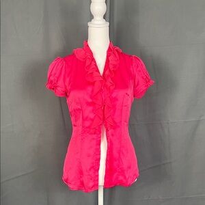 White House Black Market Vibrant Pink Ruffle Blouse 100% silk
